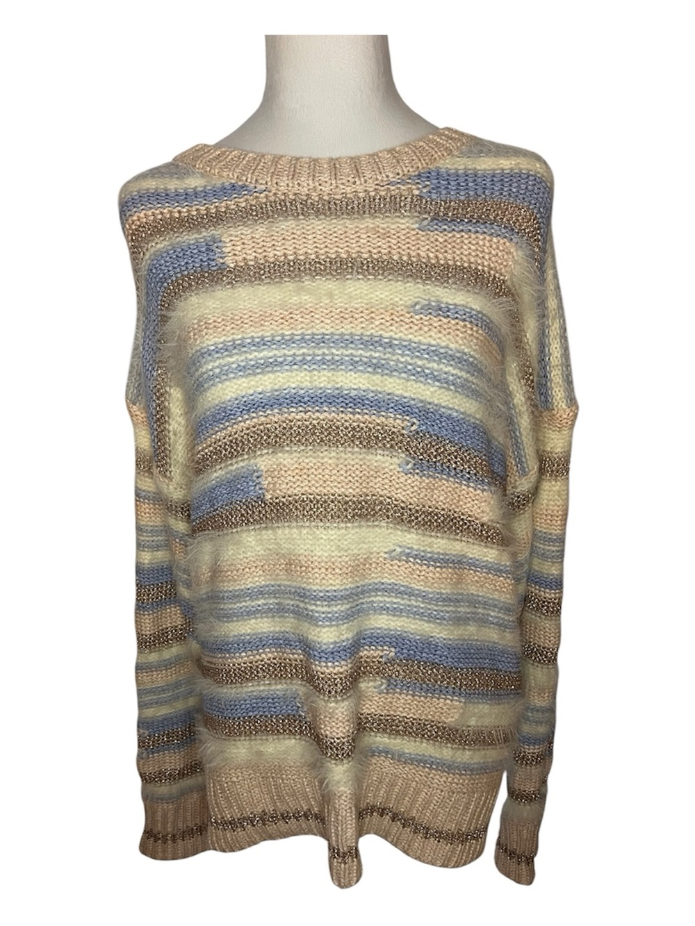 NWT Altar'd State Multicolor Striped Crewneck Sweater - Cream, Blue, Brown Large